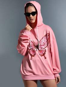 SHEIN Qutie Hình ảnh con bướm và khẩu hiệu Thả vai Dây rút Hoodie - Hồng - Xem 5