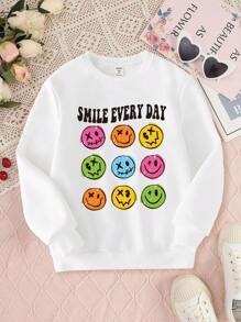 SHEIN Sudadera con cuello redondo y estampado de eslogan y expresión de dibujos animados para niña preadolescente para otoño e invierno - Blanco - Ver 1