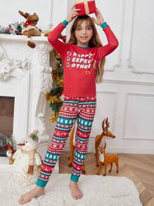 少女聖誕印花對比邊條圓領t恤＆長褲緊身睡衣套裝1件 - 紅色 - 查看 4