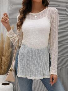 SHEIN Essnce 素色下擺開叉透視網紗上衣不附吊帶上衣 - 米色 - 查看 4