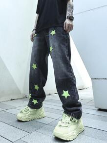 Manfinity EMRG Men Star Patched Straight Leg Jeans
