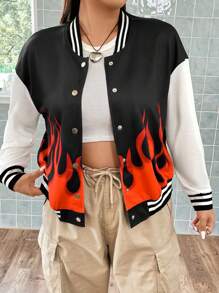 Flirla Plus Fire Print Striped Trim Drop Shoulder Varsity Jacket - Multicolor - View 3