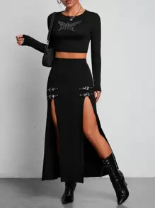 SHEIN PETITE Buckle Detail Split Thigh Summer Women Black Skirt - Black - View 4