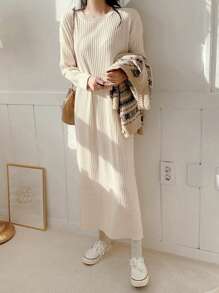 DAZY 實色肋紋針織毛衣連身裙 - 杏色 - 查看 7