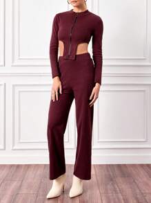 EURMUSE Wine Red Two-Piece Set With Asymmetric Hem High Neck Long Sleeved Top And Straight Pants - Burgundy - View 1