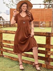 EMERY ROSE Plus Solid Ruffle Hem Smock Dress - Brown - View 3
