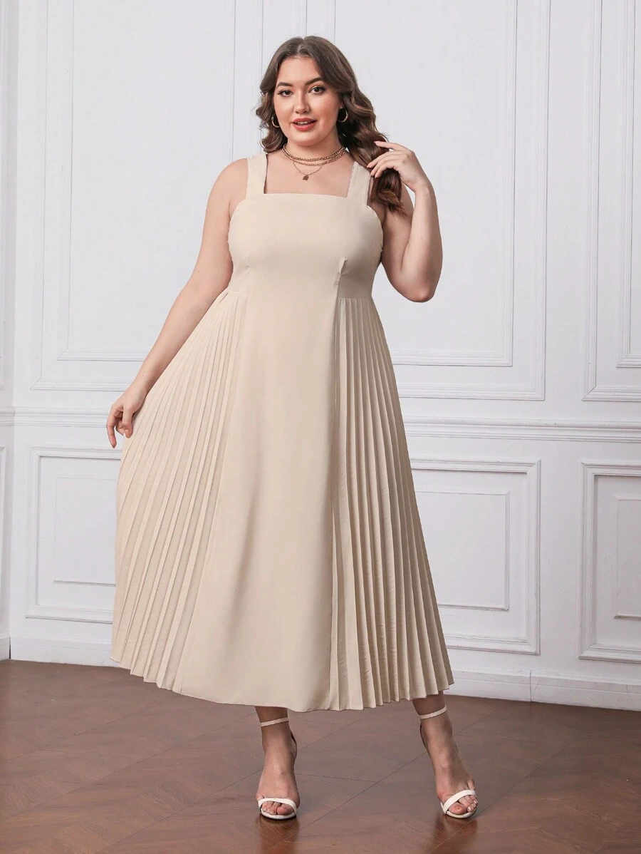 SHEIN Privé 大碼素色百褶下擺吊帶洋裝 - 杏色 - 查看 1