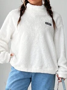 SHEIN EZwear Lente-outfits Letterpatch Hoge hals Drop Shoulder Teddy Sweatshirt