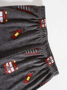 2 件套年轻男孩卡通消防车印花 T 恤和裤子睡衣套装，秋季，圣诞节 - 深灰色 - 查看 4