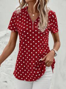 SHEIN Clasi Women's Polka Dot Print Half Zip Spring Blouse