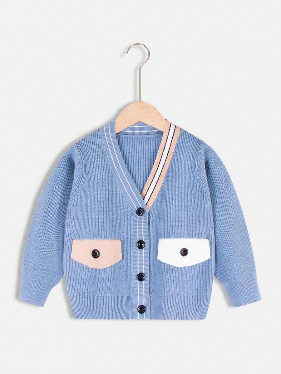 男小童條紋飾邊前紐扣開襟衫 - 霧霾藍 - 查看 1