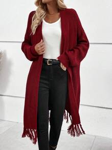 SHEIN Essnce Fringe Hem Drop Shoulder Duster Cardigan - Burgundy - View 1