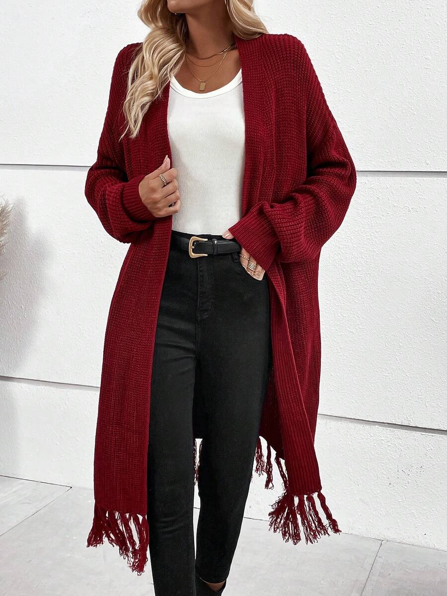 SHEIN Essnce Fringe Hem Drop Shoulder Duster Cardigan - Burgundy - View 1