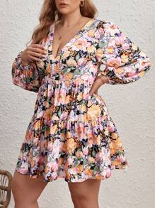 SHEIN VCAY 大碼印花燈籠袖荷葉邊洋裝 - 彩色 - 查看 3