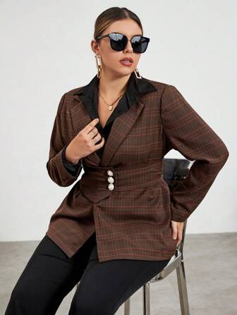 SHEIN Privé Plus Plaid Print Lapel Neck Blazer