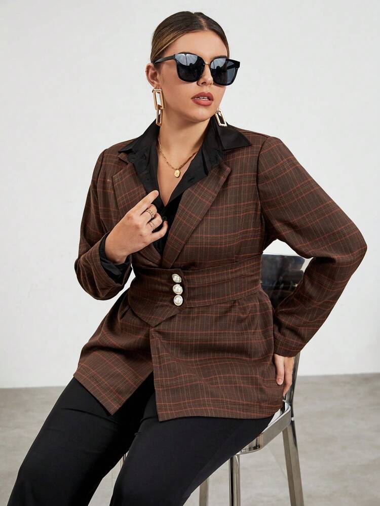 Plus Plaid Print Lapel Neck Blazer