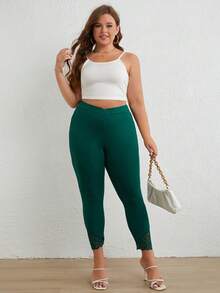 SHEIN LUNE 大碼蕾絲拼接緊身打底褲 - 墨綠色 - 查看 5