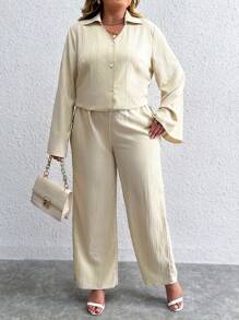 Calvaya 大碼喇叭袖襯衫&闊腿褲 - 杏色 - 查看 3