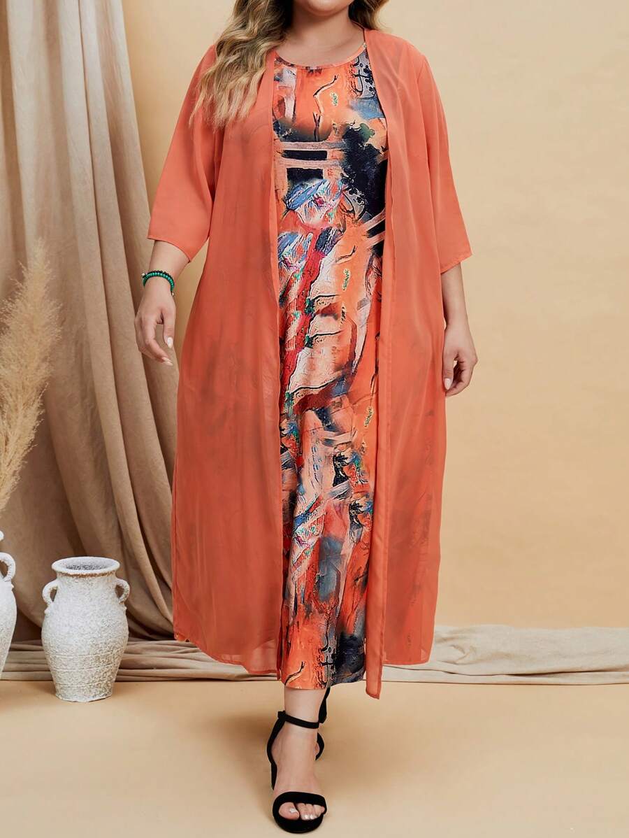 EMERY ROSE 大碼開門襟外套&圖案印花洋裝 - 橘色 - 查看 1