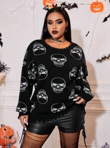 SHEIN EZwear Plus Skull Pattern Drop Shoulder Distressed Sweater