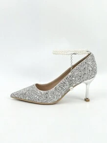 Ladies' High Heel Glitter Pumps - Silver - View 5
