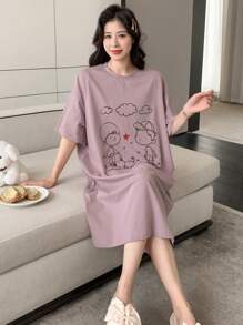 DAZY 卡通圖案落肩袖大碼休閒服洋裝 - 粉色 - 查看 3