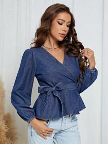 SHEIN LUNE Lantern Sleeve Belted Wrap Denim Top