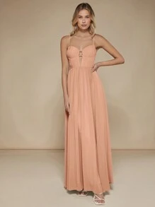 SHEIN Belle 素色後拉鏈吊帶裙伴娘禮服 - 珊瑚橙 - 查看 6