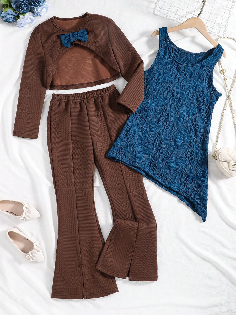 SHEIN Cô gái Tween Áo ba lỗ & Quần ống loe & Nơ mặt trước Top Cây trồng - Nhiều màu - Xem 1