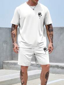 Manfinity Homme 男士大码印花T恤&腰部抽繩短褲 - 白色 - 查看 3