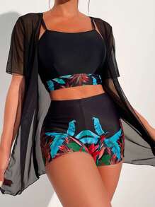 Swim Lushoire Conjunto de bikini de 3 piezas con estampado tropical de playa de verano y kimono