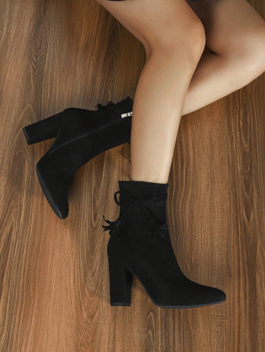 2024 春秋冬新款时尚尖头粗跟踝靴短靴韩版 - 黑色 - 查看 1