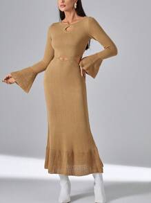 SHEIN Privé 優雅挖空 揉皺 荷葉邊純色女士毛衣連衣裙