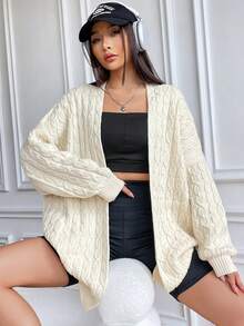 SHEIN Unity 绞花针织落肩开衫 - 杏色 - 查看 3