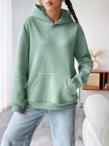 SHEIN Unity 字母圖案落肩袖連帽衫 - 綠色 - 查看 3