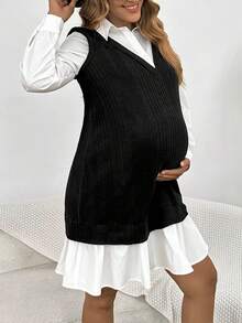 SHEIN Maternity 2 In 1 Ruffle Hem Dress - Black - View 4