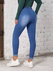 SHEIN EZwear 前繫帶斜口袋緊身牛仔褲 - 藍色 - 查看 2