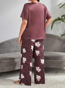 SHEIN Plus Cartoon & Letter Graphic Tee & Pants PJ Set / Pajama Set - Multicolor - View 2