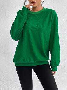 SHEIN Essnce 素色落肩袖運動衫 - 綠色 - 查看 4