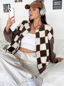 SHEIN EZwear Plus Checkerboard Print Drop Shoulder Bomber Jacket - Brown - View 5