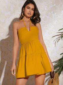 SHEIN VCAY Tie Backless Ruffle Hem Halter Dress - Yellow - View 1