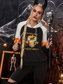 PUNK Halloween Print Raglan Sleeve Drawstring Hoodie - Black - View 3