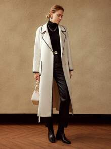 MOTF PREMIUM BELTED WOOL-BLEND CONTRAST STITCH COAT - Beige - View 6