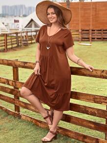 EMERY ROSE Plus Solid Ruffle Hem Smock Dress - Brown - View 5
