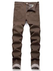 Manfinity Homme 男士素色斜口袋牛仔褲 - 咖啡棕 - 查看 1