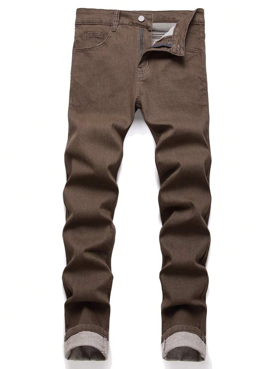 Manfinity Homme 男士素色斜口袋牛仔褲 - 咖啡棕 - 查看 1