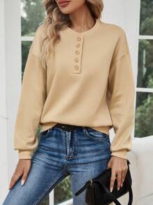 SHEIN LUNE 半排扣落肩袖運動衫 - 卡其色 - 查看 1