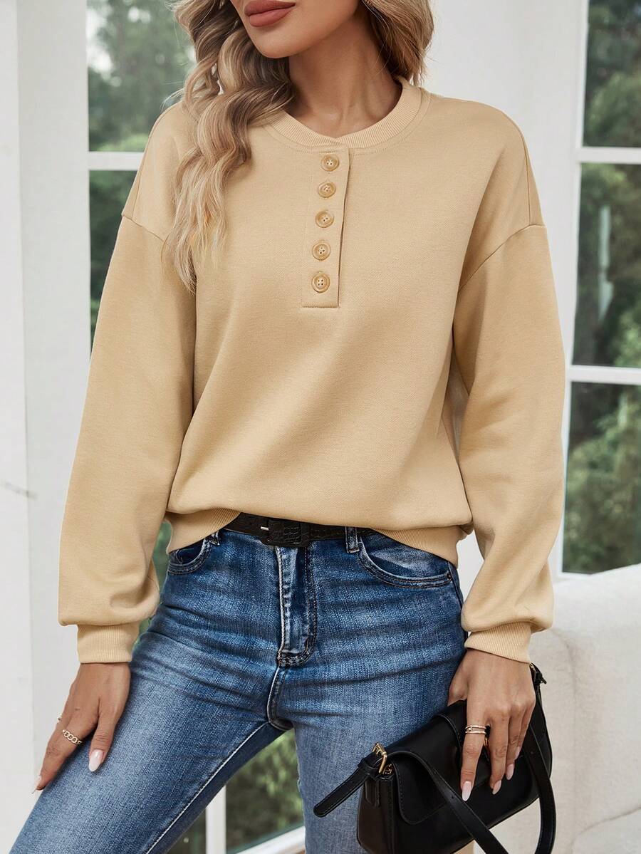 SHEIN LUNE 半排扣落肩袖運動衫 - 卡其色 - 查看 1