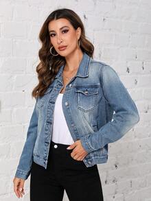 SHEIN LUNE Túi có nắp Áo khoác denim - Màu xanh lam - Xem 3