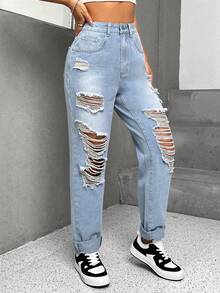 SHEIN EZwear 破洞直筒牛仔褲 - 淺色水洗藍 - 查看 5